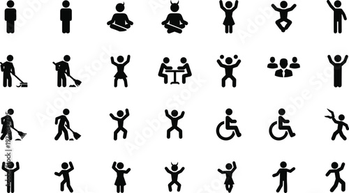 Set of black vector stick figure silhouettes, human person icons, people cleaning, jumping, sitting, disabled and family symbols for design