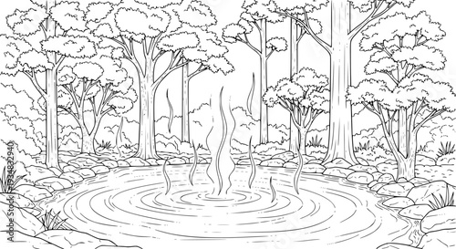 Black and white line drawing of a tranquil hot spring with steaming water and surrounding trees