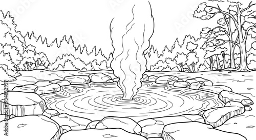 Black and white line drawing of a tranquil hot spring with steaming water and surrounding trees