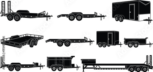 Set of black vector trailer silhouettes, car hauler icons, enclosed cargo trailers, flatbed utility trailers, and transport equipment for graphic design