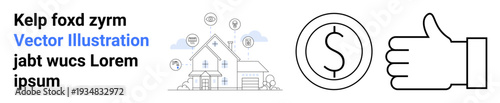 Real estate, financial growth, investment, decision-making, home value, savings. House with icons, dollar sign thumbs up. Real estate and financial growth concept