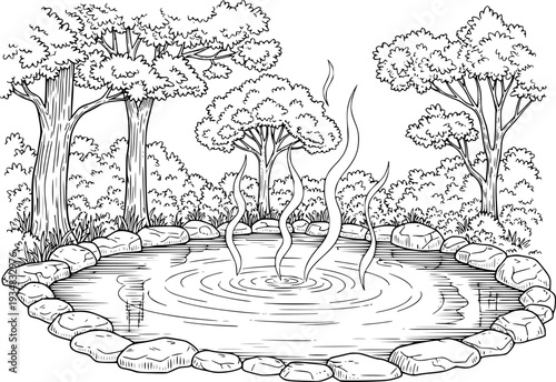 Black and white line drawing of a tranquil hot spring with steaming water and surrounding trees