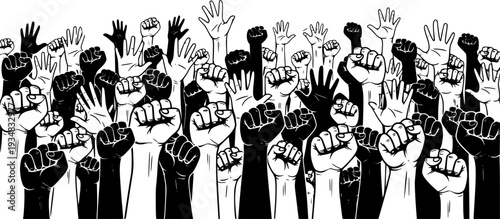 Numerous raised hands and clenched fists symbolize powerful human unity and a collective call for action
