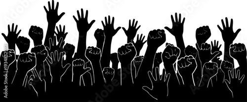 Numerous raised hands and clenched fists symbolize powerful human unity and a collective call for action