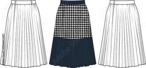 Set of fashion vector illustrations of pleated skirts, midi skirt technical drawings, houndstooth pattern apparel design, and female clothing templates