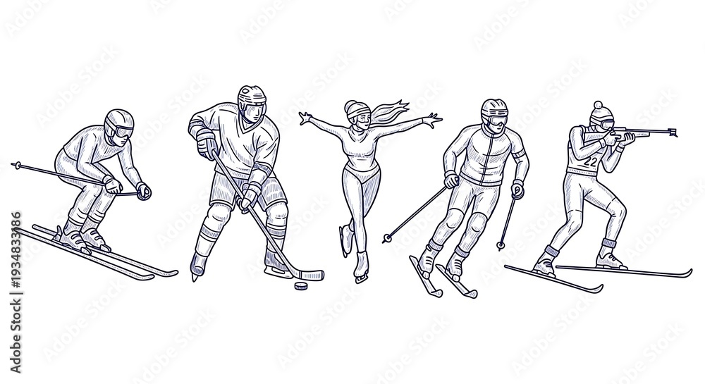 Fototapeta premium Line art illustration of winter athletes engaged in skiing, hockey, and skating