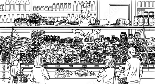 A bustling grocery store deli counter and display case showcases a diverse assortment of fresh baked bread, various cheeses, cured meats, and pickled goods