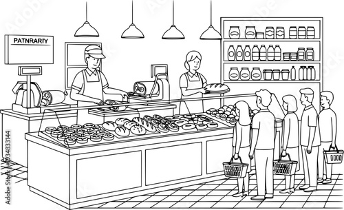 A bustling grocery store deli counter and display case showcases a diverse assortment of fresh baked bread, various cheeses, cured meats, and pickled goods