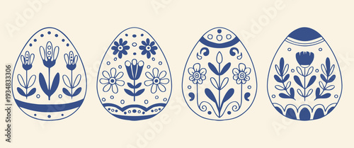 Floral folk Easter egg set with detailed botanical motifs. Blue ink outline vector illustration on beige background 