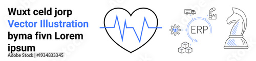 Business strategy, healthcare technology, enterprise management, planning, decision-making, and innovation. Heartbeat with ERP icons and a chess knight symbol. Business strategy and enterprise