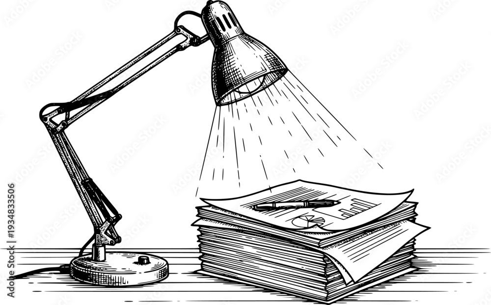 Obraz premium Handdrawn sketch of a flexible desk lamp illuminating a stack of documents