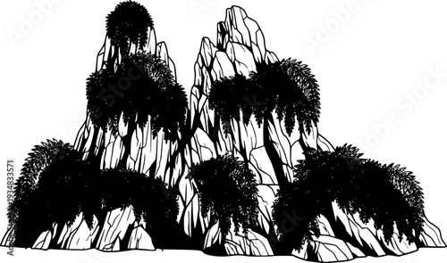 Natural rock formation covered with lush ferns