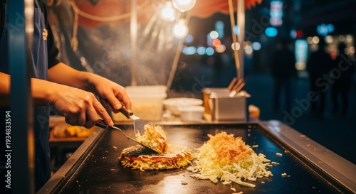 A chef prepares okonomiyaki on a hot griddle. The scene is illuminated by a hanging light. Steam rises from the dish, showcasing fresh ingredients.