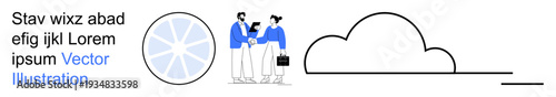 Remote work, teamwork, cloud storage, digital communication, networking, business solutions. Two professionals collaborating near cloud and network icons. Remote work and teamwork concept