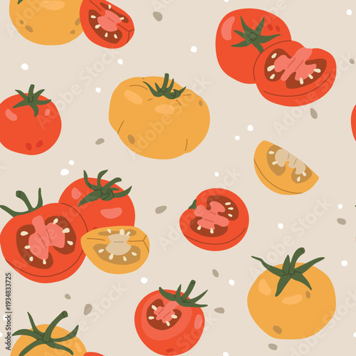 Seamless pattern with red and yellow tomatoes on a warm beige background. Hand drawn food illustration, repeating kitchen print for textile, packaging, wallpaper, fabric and surface design.