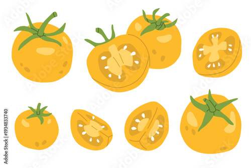 Set of yellow whole,slice,half tomatoes in flat style. Fresh whole tomato vegetables isolated on light background. Vector illustration for healthy food, greengrocer or grocery design.