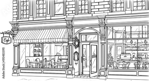 Detailed line drawing of a classic storefront cafe building with an inviting interior view and welcoming entrance