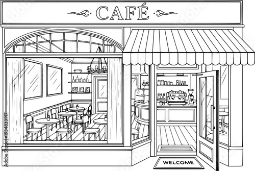 Detailed line drawing of a classic storefront cafe building with an inviting interior view and welcoming entrance