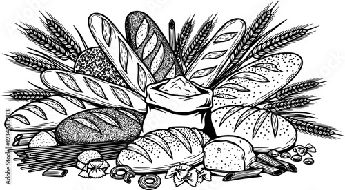 Abundant assortment of bread loaves, pasta, flour, and wheat stalks