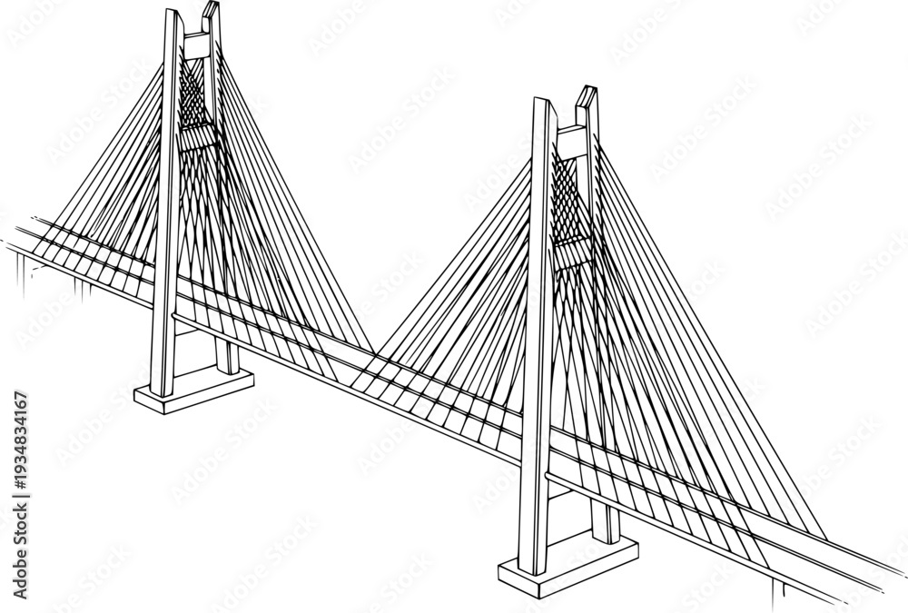 Fototapeta premium Minimalist black line drawing of a modern suspension bridge structure viewed from an isometric angle