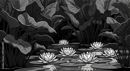 Lush water plants with white water lilies floating on calm water