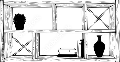 Hand drawn rustic wooden shelf frame structure for displaying products, books, or decorative items