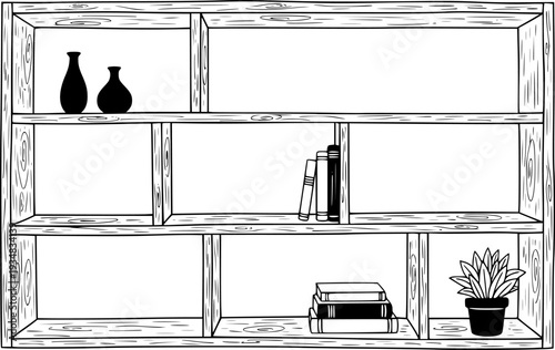 Hand drawn rustic wooden shelf frame structure for displaying products, books, or decorative items
