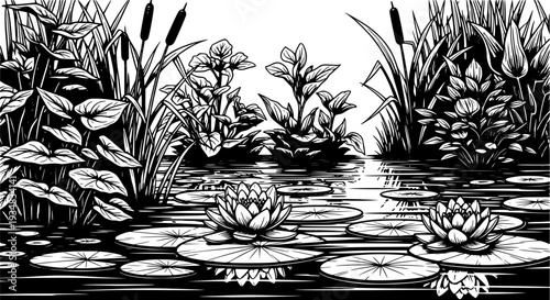 Lush water plants with white water lilies floating on calm water