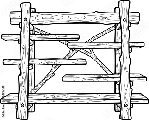 Hand drawn rustic wooden shelf frame structure for displaying products, books, or decorative items