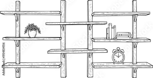 Hand drawn rustic wooden shelf frame structure for displaying products, books, or decorative items
