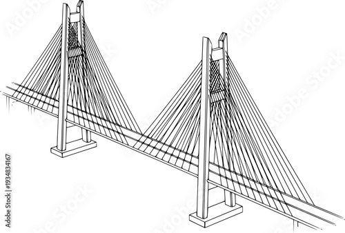 Minimalist black line drawing of a modern suspension bridge structure viewed from an isometric angle
