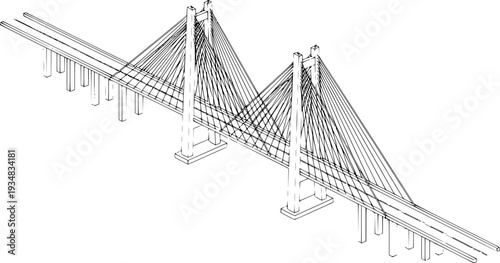 Minimalist black line drawing of a modern suspension bridge structure viewed from an isometric angle