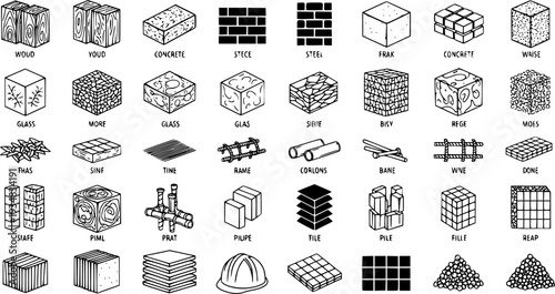 Collection of essential construction materials and building elements representing various stages of architectural development and structural engineering 