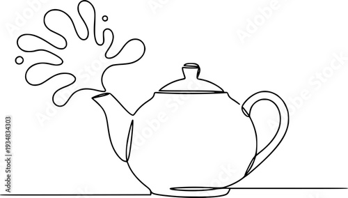 Minimalist single continuous line drawing of a charming teapot with an abstract splash graphic