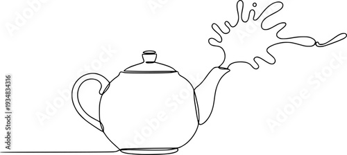 Minimalist single continuous line drawing of a charming teapot with an abstract splash graphic