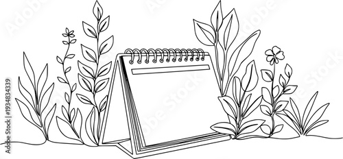 Continuous line drawing of a spiralbound desk calendar surrounded by stylized growing plants