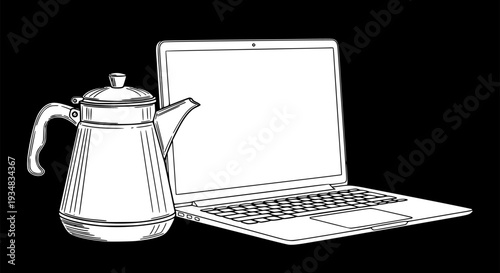 Hand drawn black and white style coffee pot alongside an open laptop with a blank screen