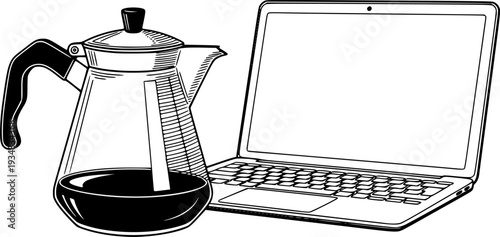 Hand drawn black and white style coffee pot alongside an open laptop with a blank screen