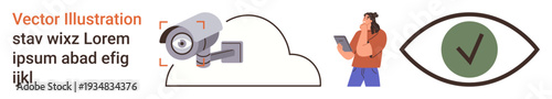 Cloud security, data protection, technology monitoring, visual authentication, privacy management, remote tracking. Surveillance camera with cloud, person with tablet green eye checkmark. Cloud