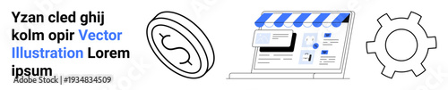 Laptop storefront with striped awning, digital coin, and gear representing e-commerce, data processing, and workflow optimization. Ideal for online business, marketing, fintech, and simple landing