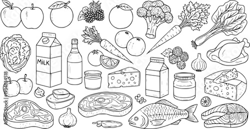 A vibrant collection of fresh fruits, wholesome vegetables, nutritious dairy, and premium meats and fish