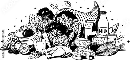 A vibrant collection of fresh fruits, wholesome vegetables, nutritious dairy, and premium meats and fish