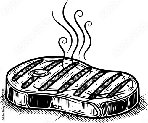 Hand drawn style grilled steak with appetizing smoke lines