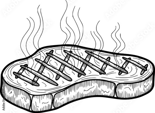 Hand drawn style grilled steak with appetizing smoke lines
