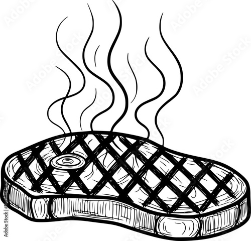 Hand drawn style grilled steak with appetizing smoke lines