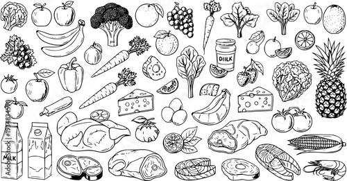 A vibrant collection of fresh fruits, wholesome vegetables, nutritious dairy, and premium meats and fish