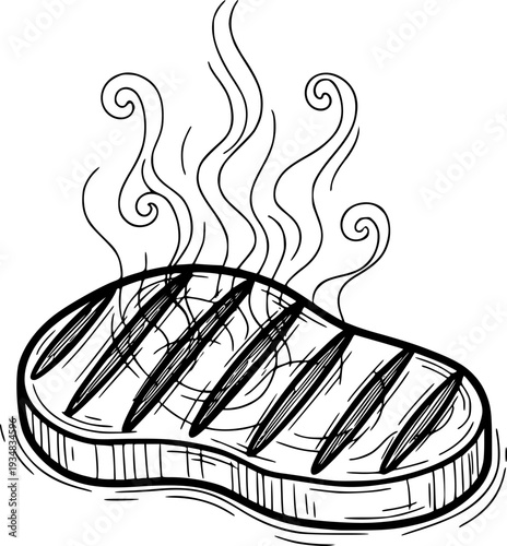 Hand drawn style grilled steak with appetizing smoke lines