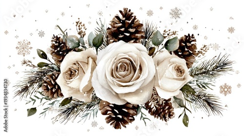 Elegant winter floral arrangement features creamy white roses nestled among pine cones and evergreen sprigs with falling snow