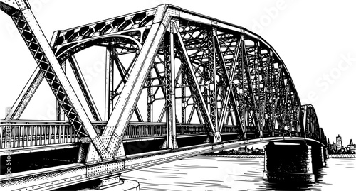 Detailed ink drawing of a classic steel truss bridge showcasing complex structural engineering and architectural design