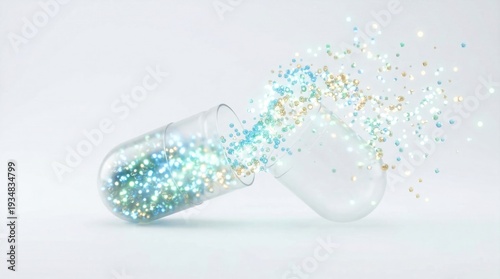 Transparent medical capsule opening with glowing colorful particles inside